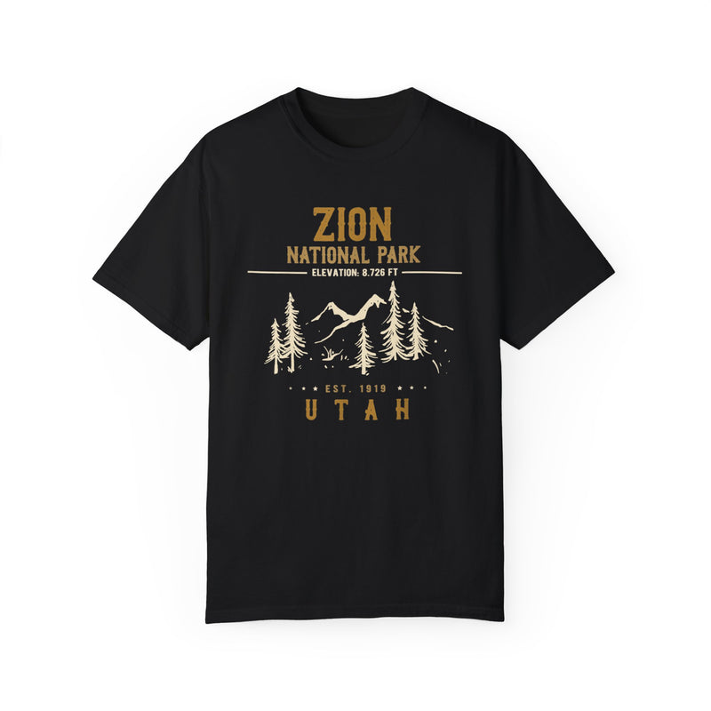 T-shirt featuring a mountain and pine tree design for Zion National Park.