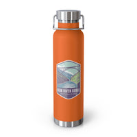 Orange stainless steel water bottle with a scenic design of New River Gorge National Park.