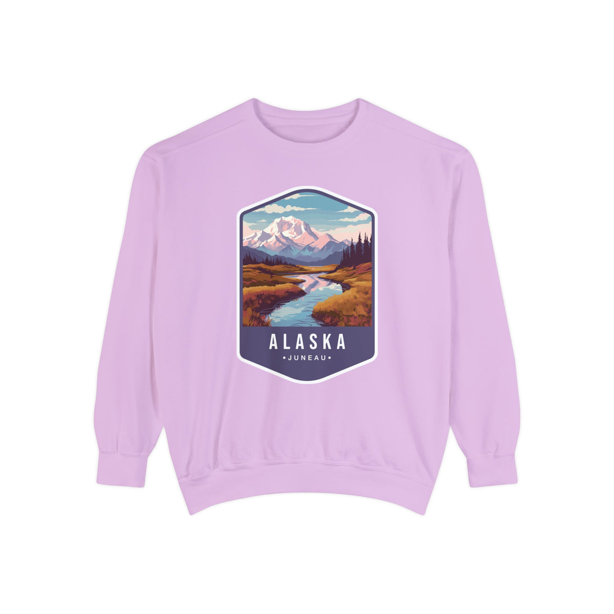 Cozy Alaska Juneau Sweatshirt - Scenic Mountain River Design - Unisex Garment-Dyed Cozy Fleece