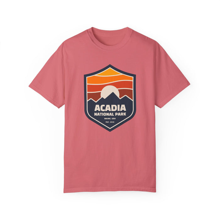 Acadia National Park T-shirt with a mountain badge graphic.