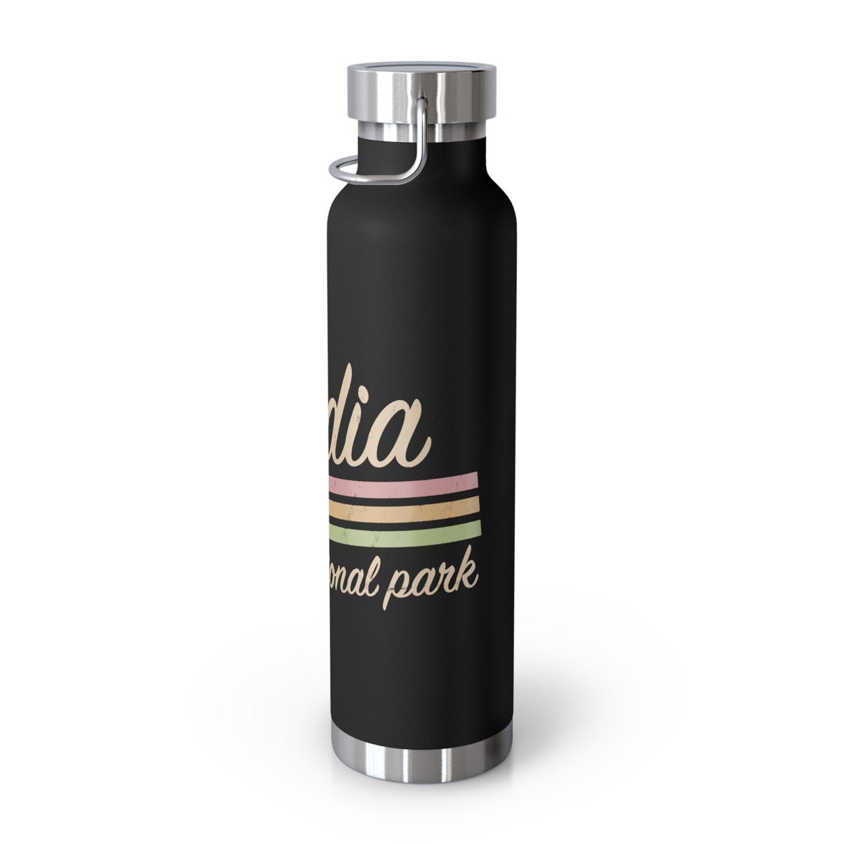 Stainless steel water bottle featuring an Acadia National Park design with retro stripes and durable powder-coated finish.