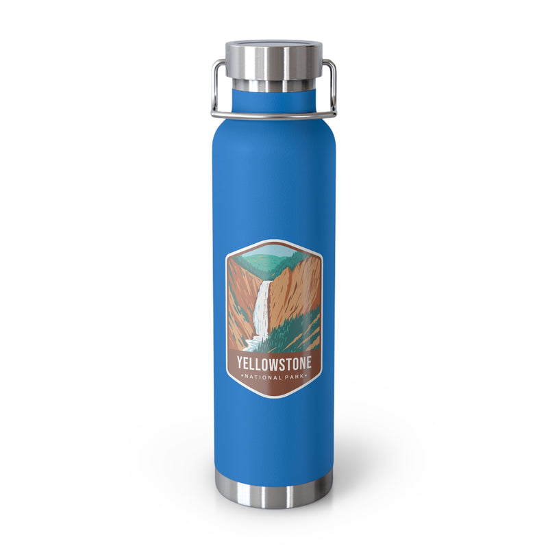 Pebble Blue stainless steel water bottle featuring a design of Yellowstone National Park with a waterfall and canyon scenery.