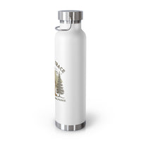 Water bottle featuring a Leave No Trace design with a bear, trees, and mountains, promoting conservation in America's national parks.