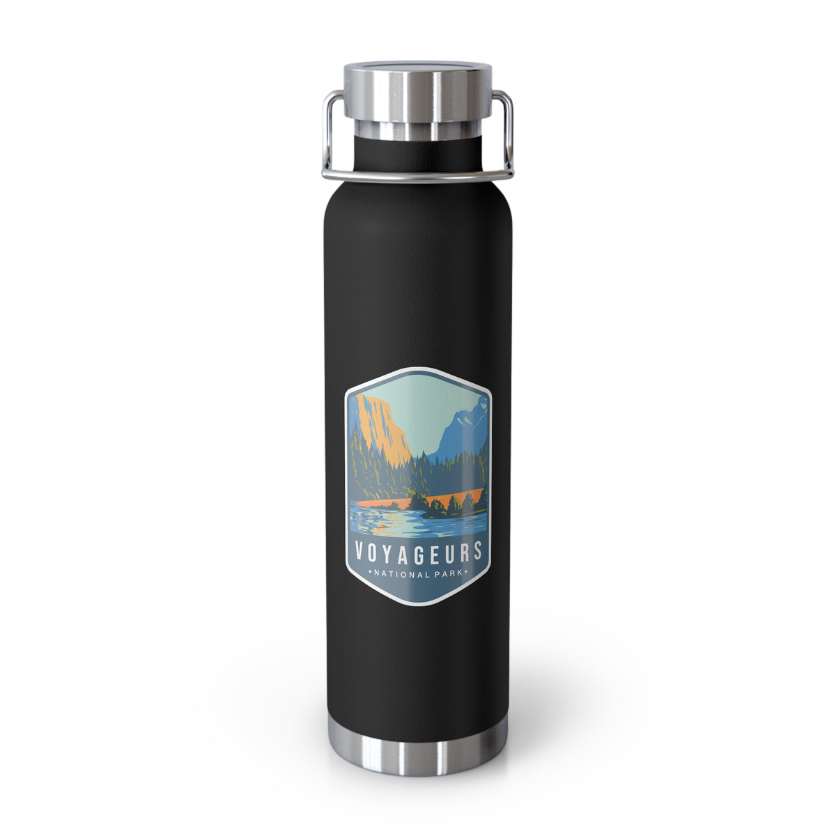 Black stainless steel water bottle featuring a design of Voyageurs National Park with a lake and forest scenery.