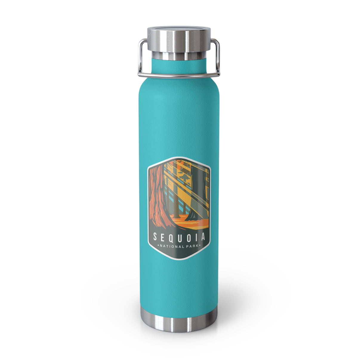 Mint Green stainless steel water bottle featuring a design of Sequoia National Park with tall sequoia trees.