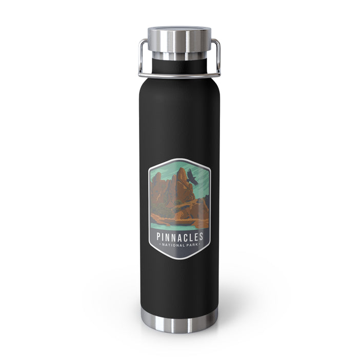 Black stainless steel water bottle featuring a design of Pinnacles National Park with rock formations.