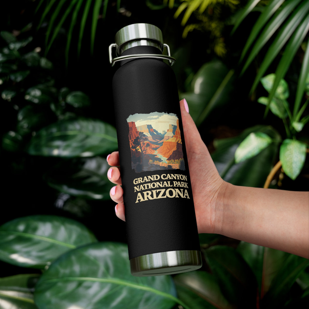 Grand Canyon National Park souvenir water bottle featuring a scenic design of the canyon and Arizona landscape, stainless steel construction.