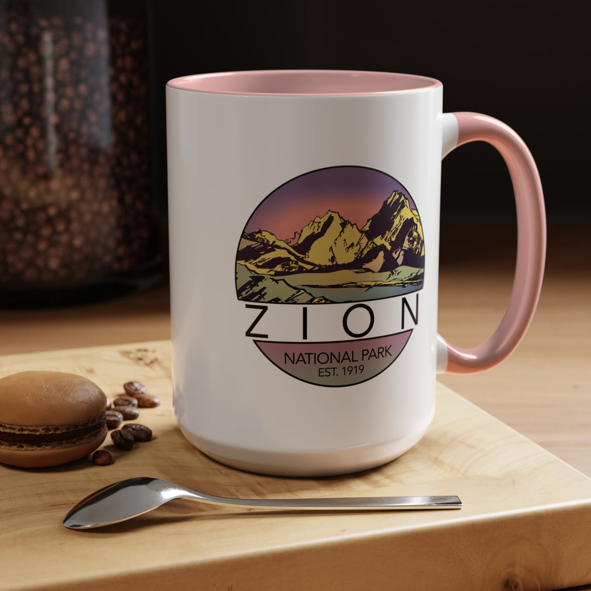 Ceramic mug featuring a mountain design of Zion National Park, perfect as a souvenir.