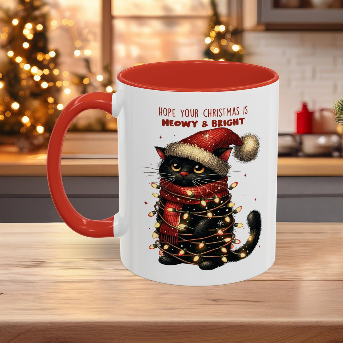 Christmas Cat Mug "Meowy & Bright", Microwave and Dishwasher Safe, Free Shipping