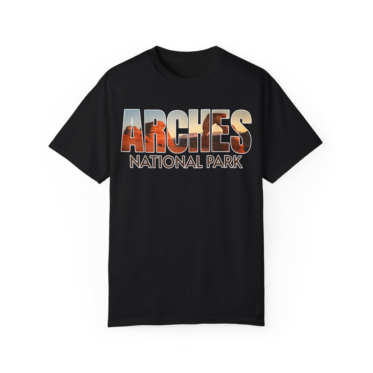 T-shirt featuring the text "Arches National Park" with scenic images of the park filling the letters.