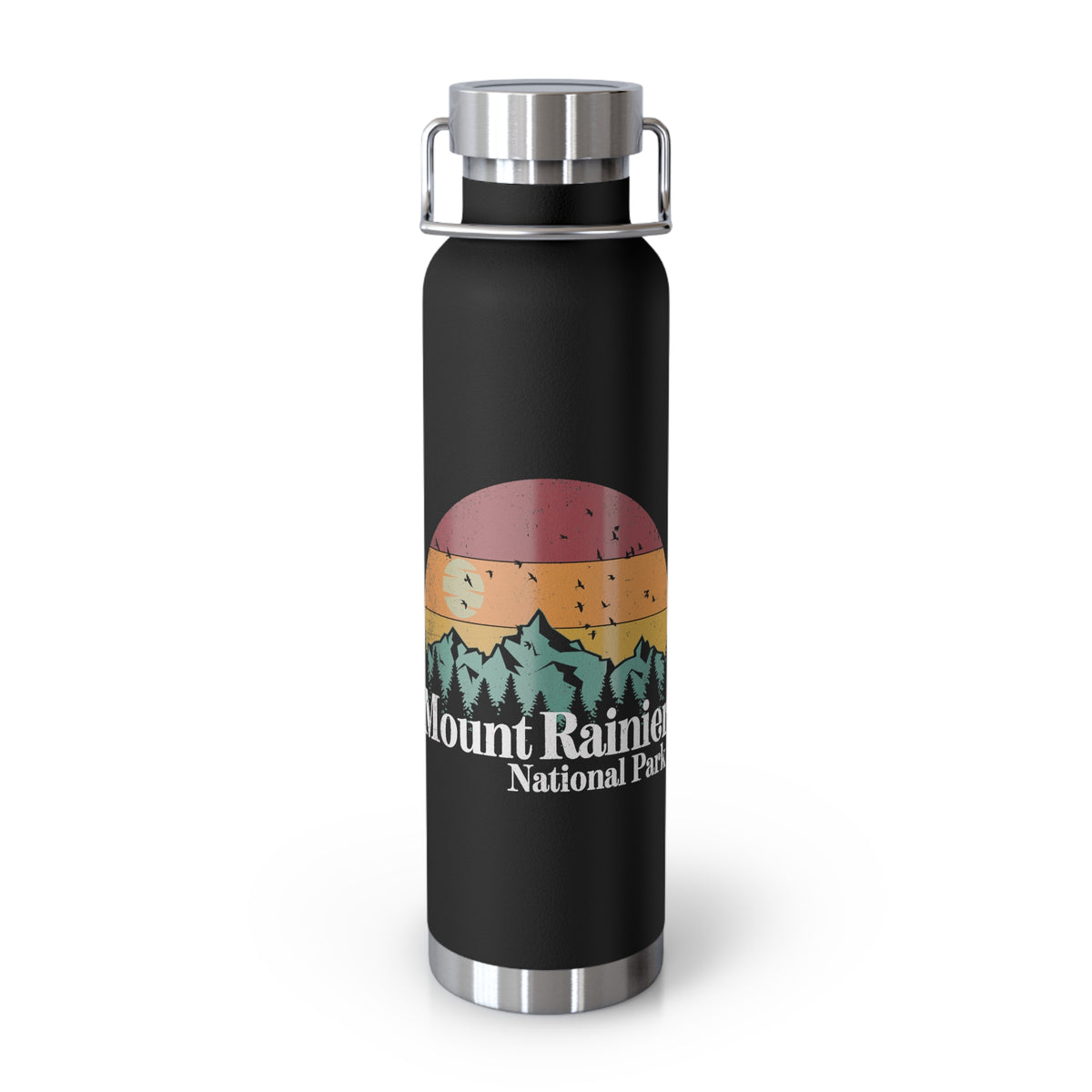 Stainless steel water bottle featuring a Mount Rainier National Park design with a sunset and mountain illustration, durable powder-coated finish.