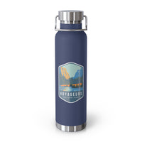 Navy stainless steel water bottle featuring a design of Voyageurs National Park with a lake and forest scenery.