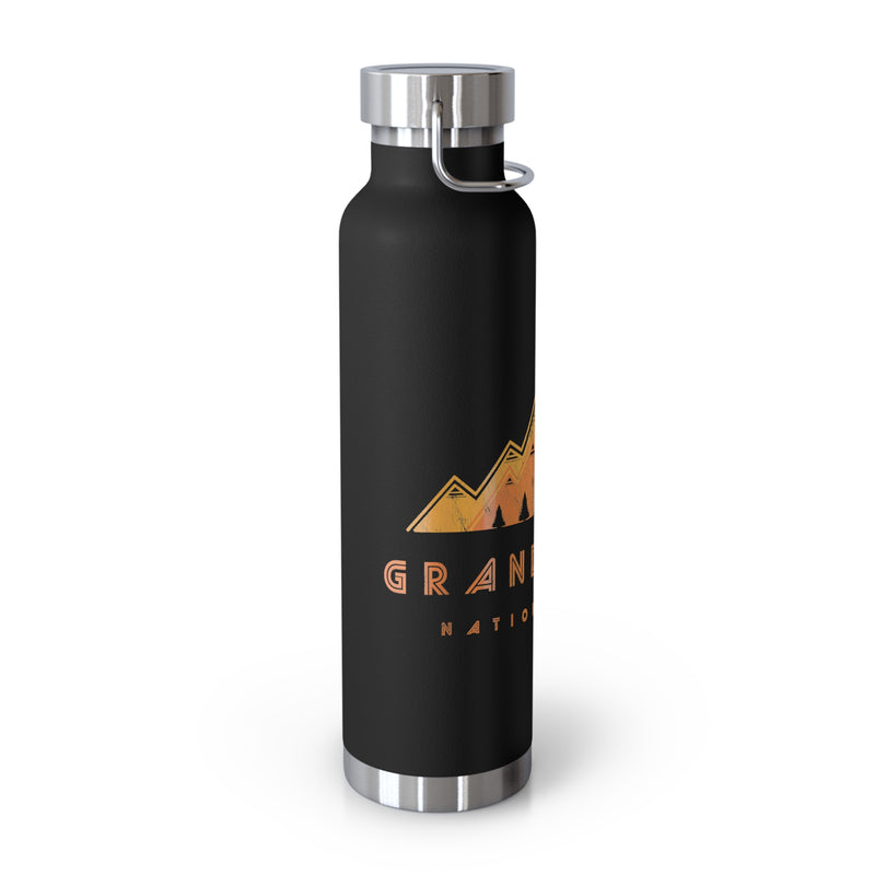 Grand Teton National Park souvenir water bottle featuring a mountain art design with stainless steel construction.