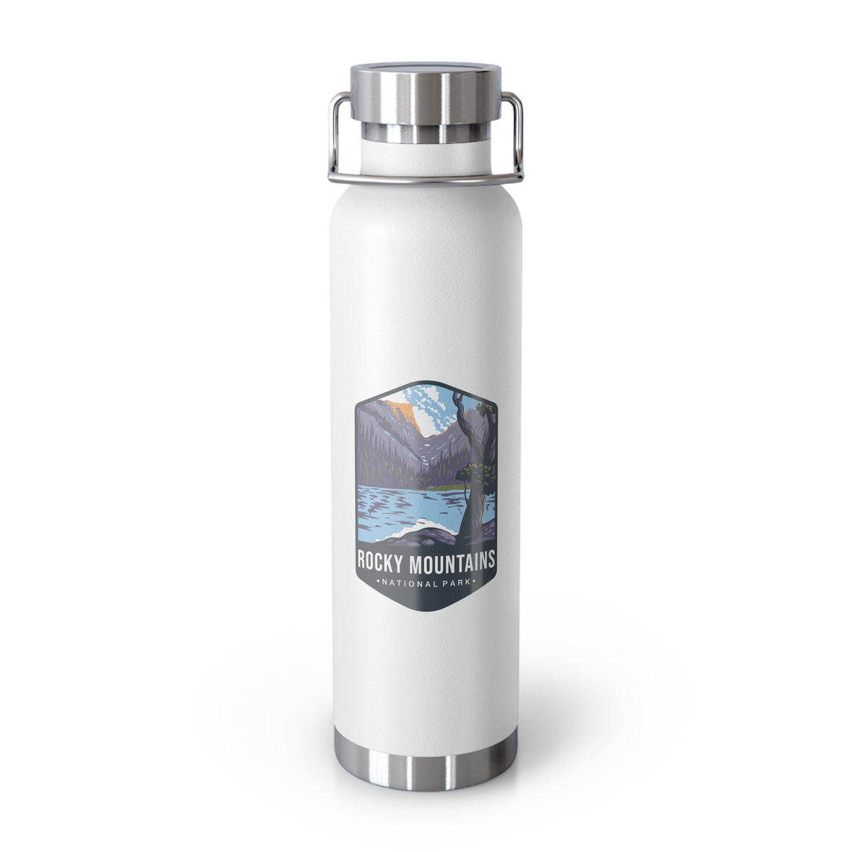 White stainless steel water bottle featuring a design of Rocky Mountains National Park with mountain and lake scenery.