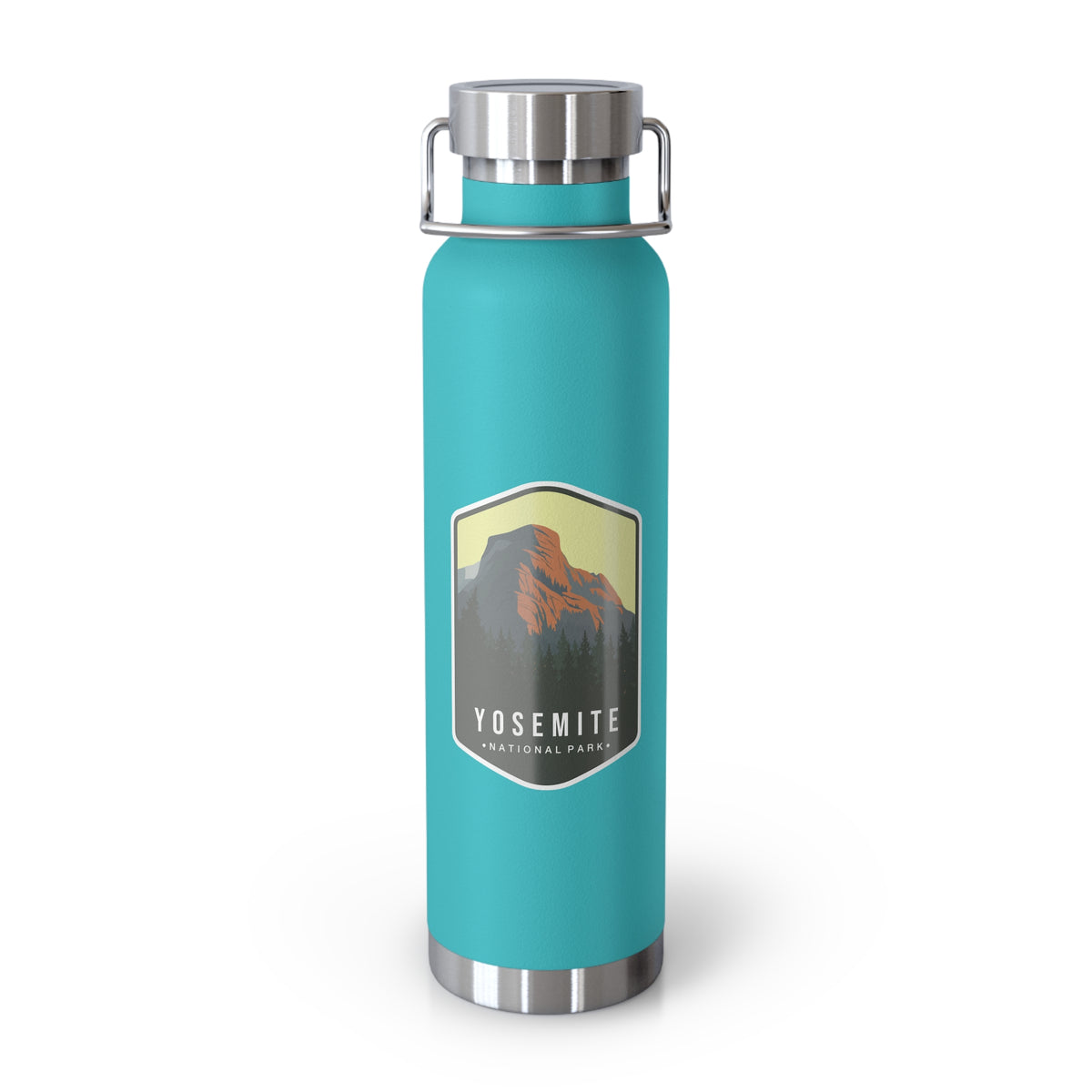 Green Mint stainless steel water bottle featuring a design of Yosemite National Park with a mountain and forest scenery.