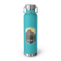 Green Mint stainless steel water bottle featuring a design of Yosemite National Park with a mountain and forest scenery.