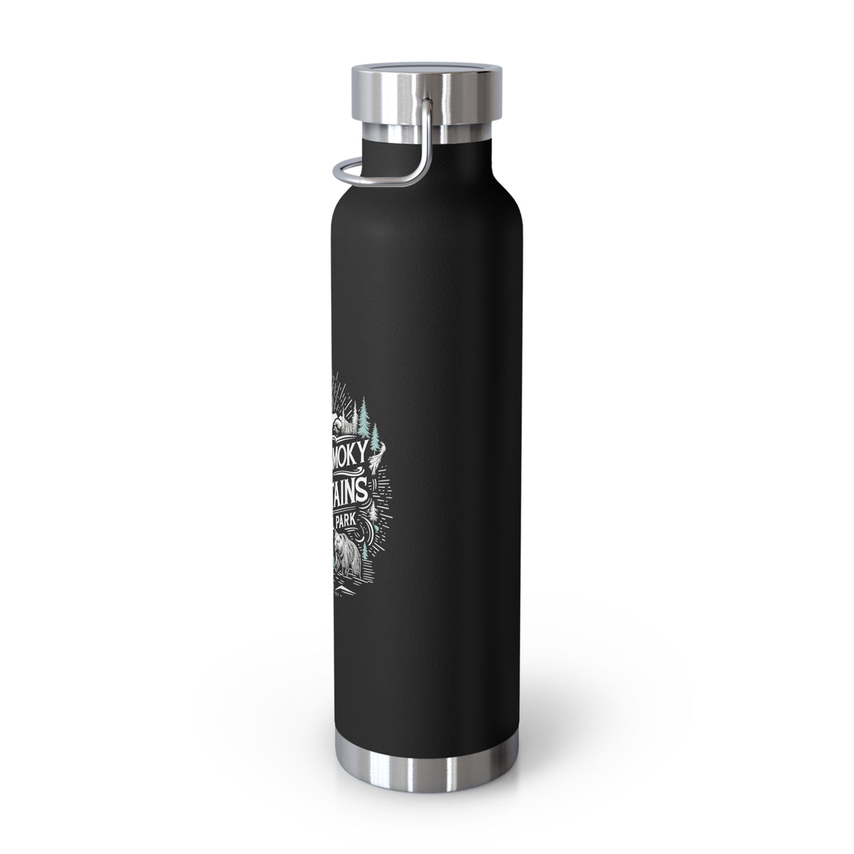 Image of an insulated souvenir bottle featuring a nature-themed design with the text "Great Smoky Mountains National Park, Tennessee & North Carolina."