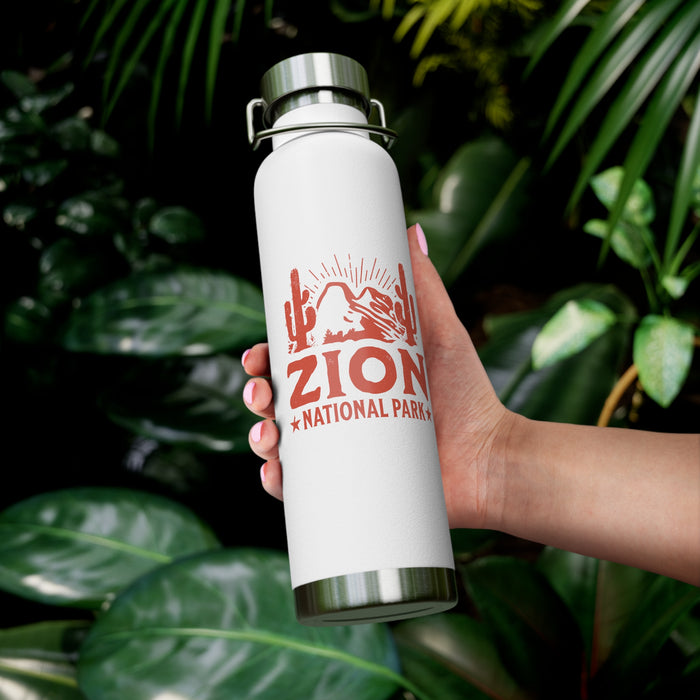 Image of a stainless steel water bottle featuring a desert-themed design from Zion National Park in Utah.