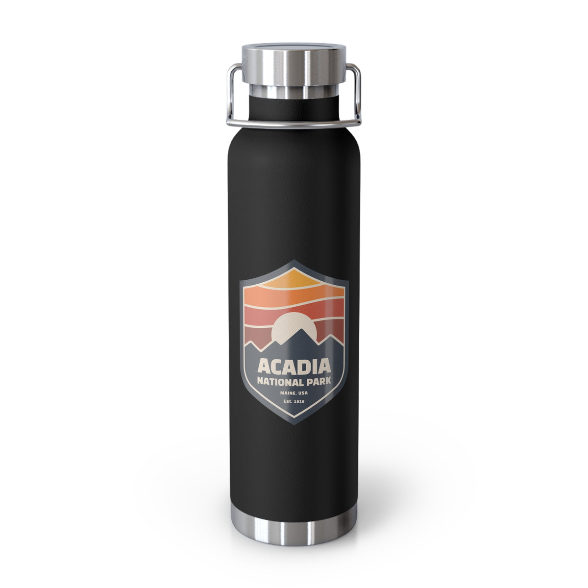 Stainless steel water bottle featuring an Acadia National Park design with a sunset badge illustration, durable powder-coated finish.