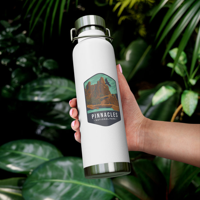 White stainless steel water bottle featuring a design of Pinnacles National Park with rock formations.