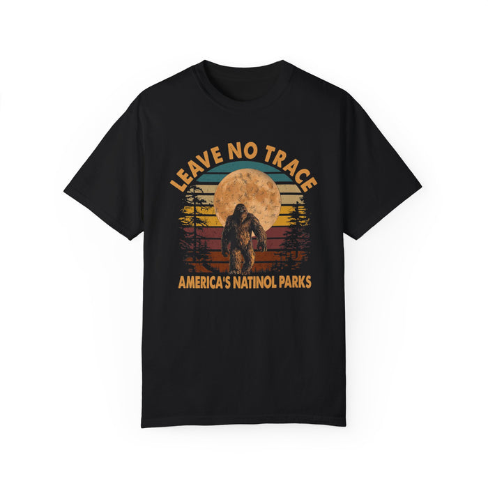 T-shirt with Bigfoot silhouette and full moon background, featuring "Leave No Trace America's National Parks."