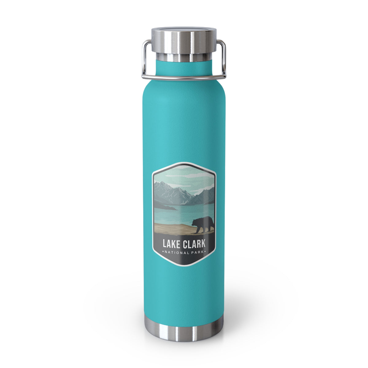 Mint green stainless steel water bottle with a scenic design of Lake Clark National Park.