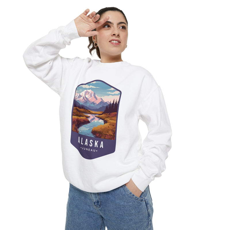 Cozy Alaska Juneau Sweatshirt - Scenic Mountain River Design - Unisex Garment-Dyed Cozy Fleece