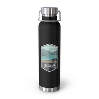 Black Stainless steel water bottle with a scenic design of Lake Clark National Park.