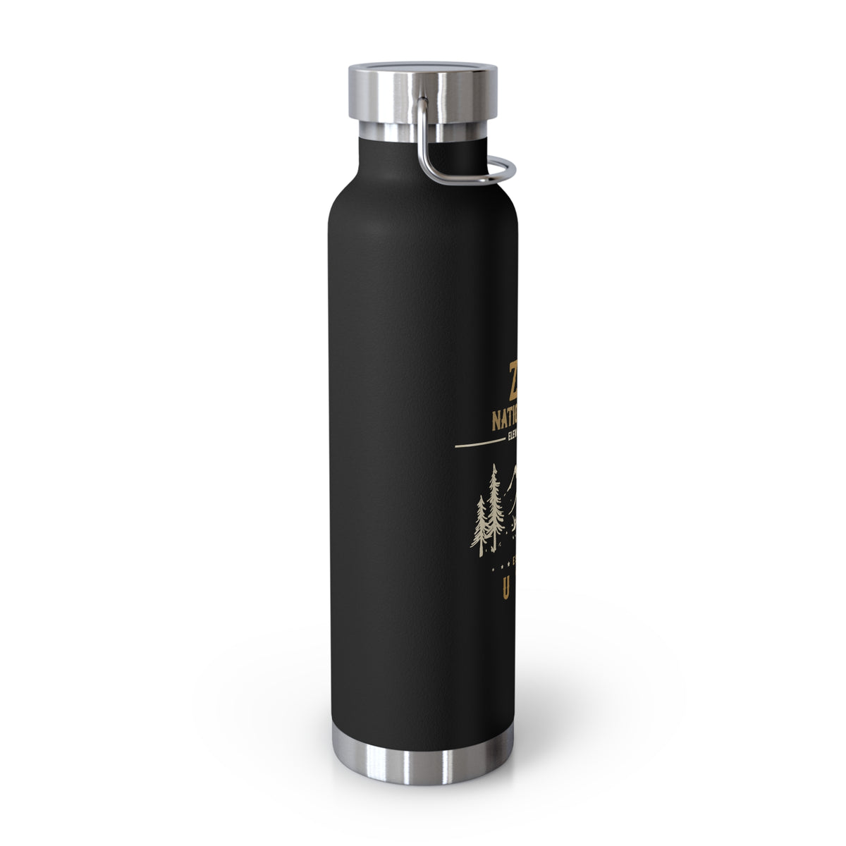 Image of a stainless steel water bottle featuring an elevation design from Zion National Park in Utah.