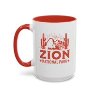 15 oz ceramic mug with red contrasting handle featuring a cactus design of Zion National Park, perfect as a souvenir.