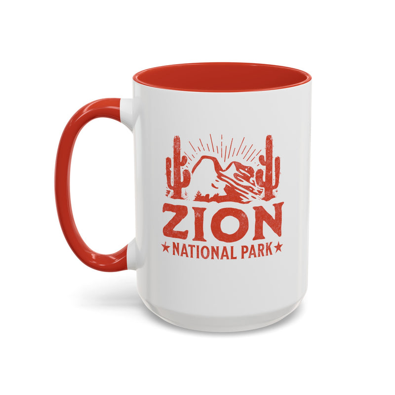 15 oz ceramic mug with red contrasting handle featuring a cactus design of Zion National Park, perfect as a souvenir.