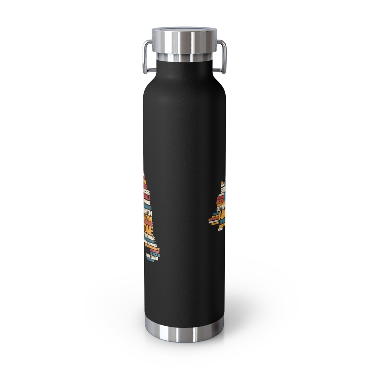 22oz vacuum insulated stainless steel water bottle with a word cloud design featuring names of various national parks.