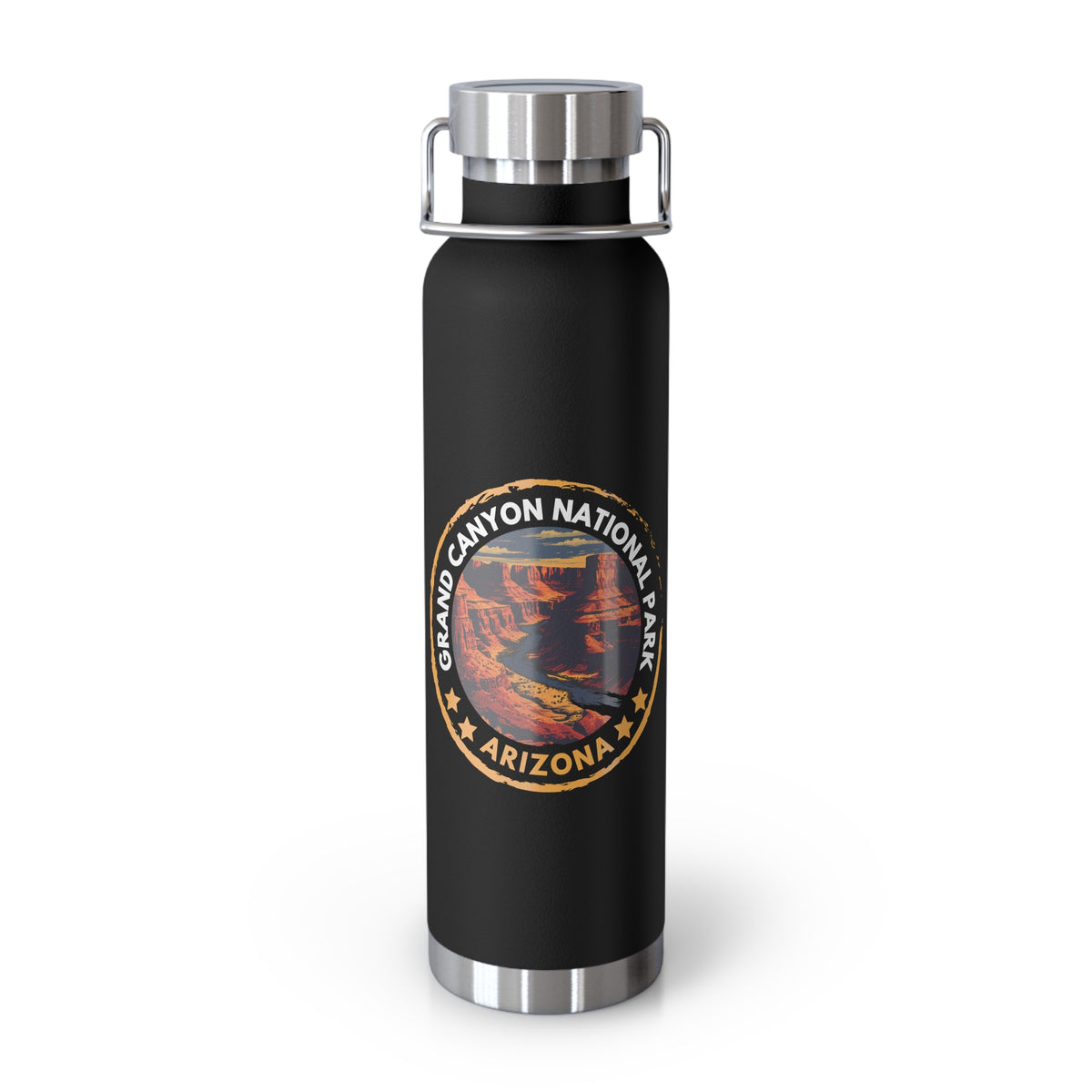 Grand Canyon National Park souvenir water bottle featuring an Arizona emblem design and stainless steel construction.