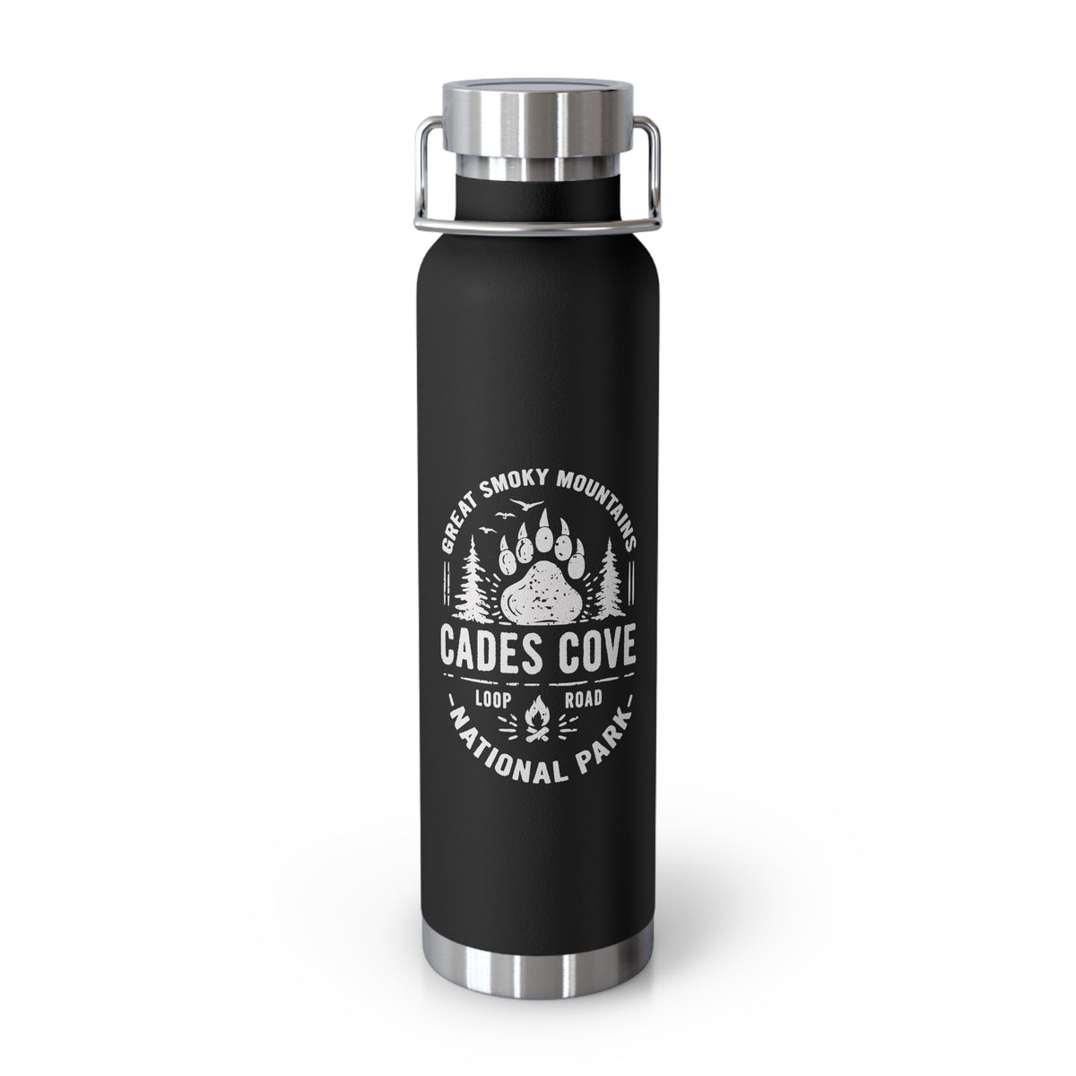 22oz vacuum insulated stainless steel water bottle with Cades Cove design, featuring trees and mountains, representing Great Smoky Mountains National Park.