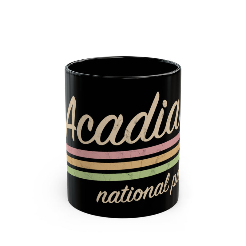 Ceramic coffee mug featuring a retro design with Acadia National Park.