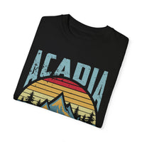 Acadia National Park T-shirt featuring a graphic design with mountains, trees, and a sunset, with "Acadia" text.