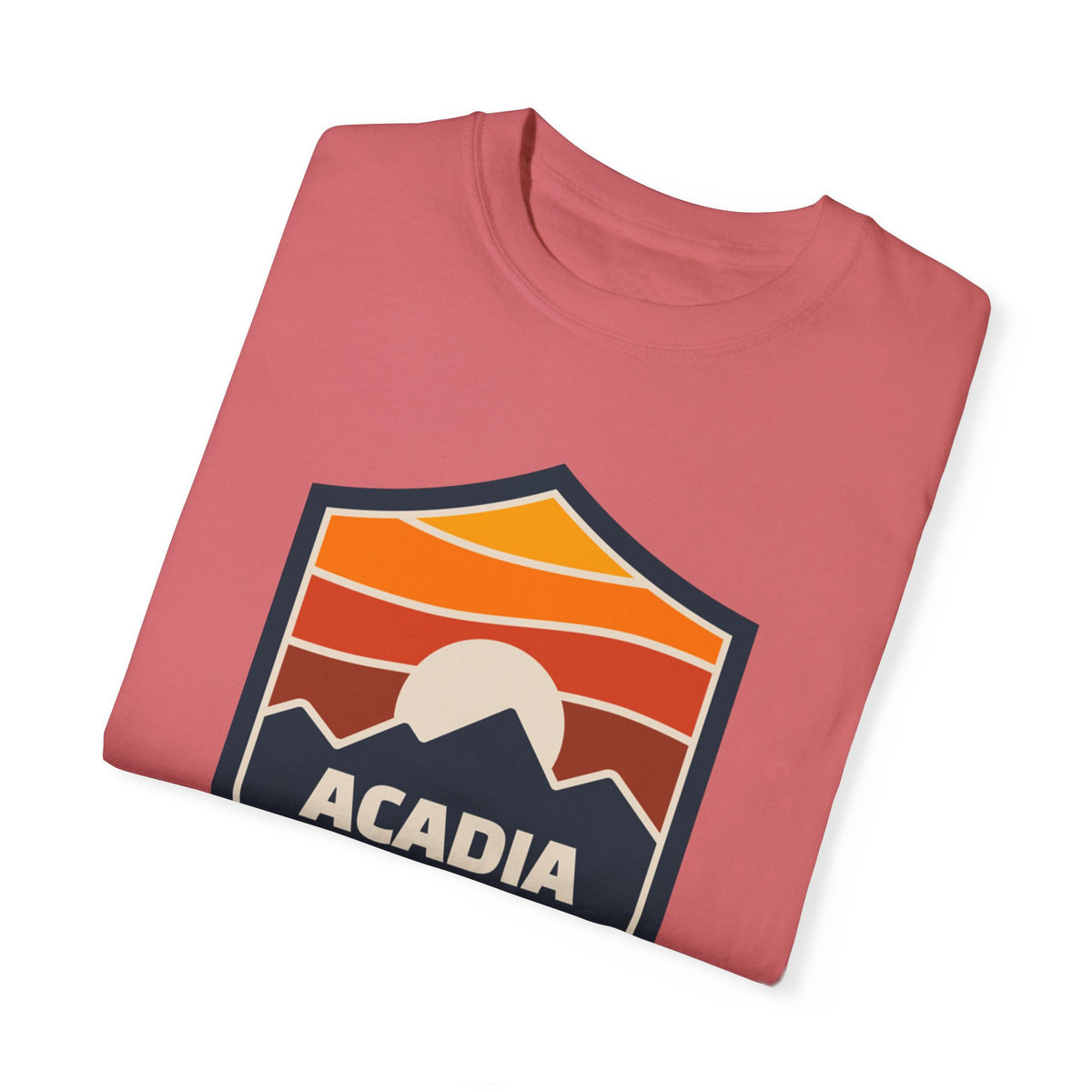 Acadia National Park T-shirt with a mountain badge graphic.