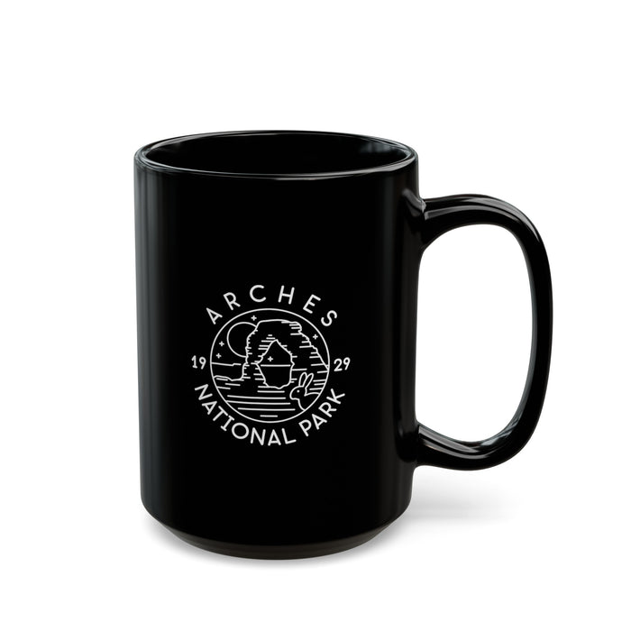 Ceramic coffee mug featuring a retro design with Arches National Park Est. 1929.