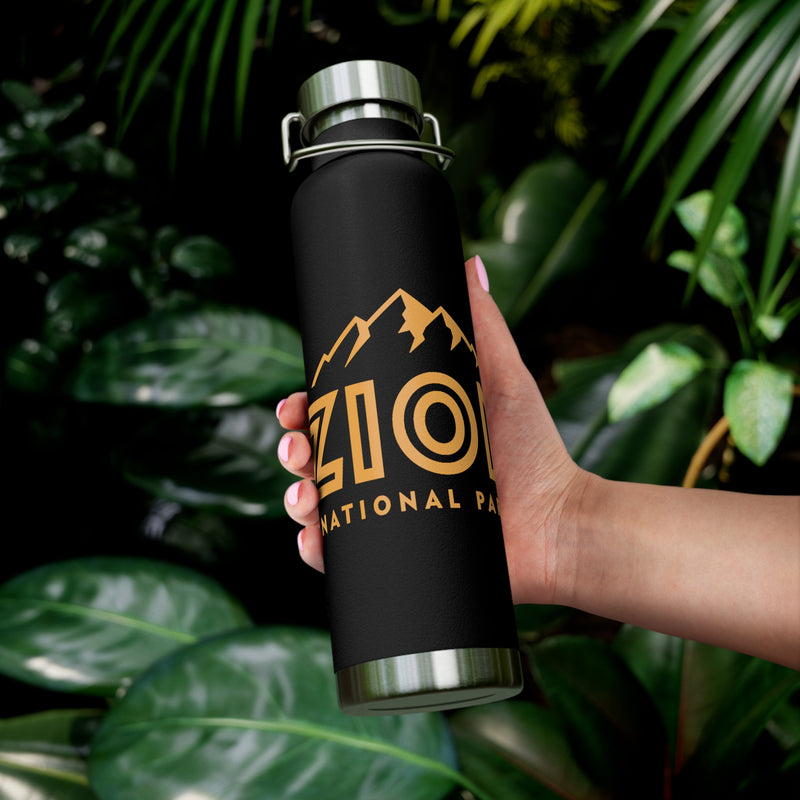 Image of a stainless steel water bottle featuring a mountain design from Zion National Park in Utah.