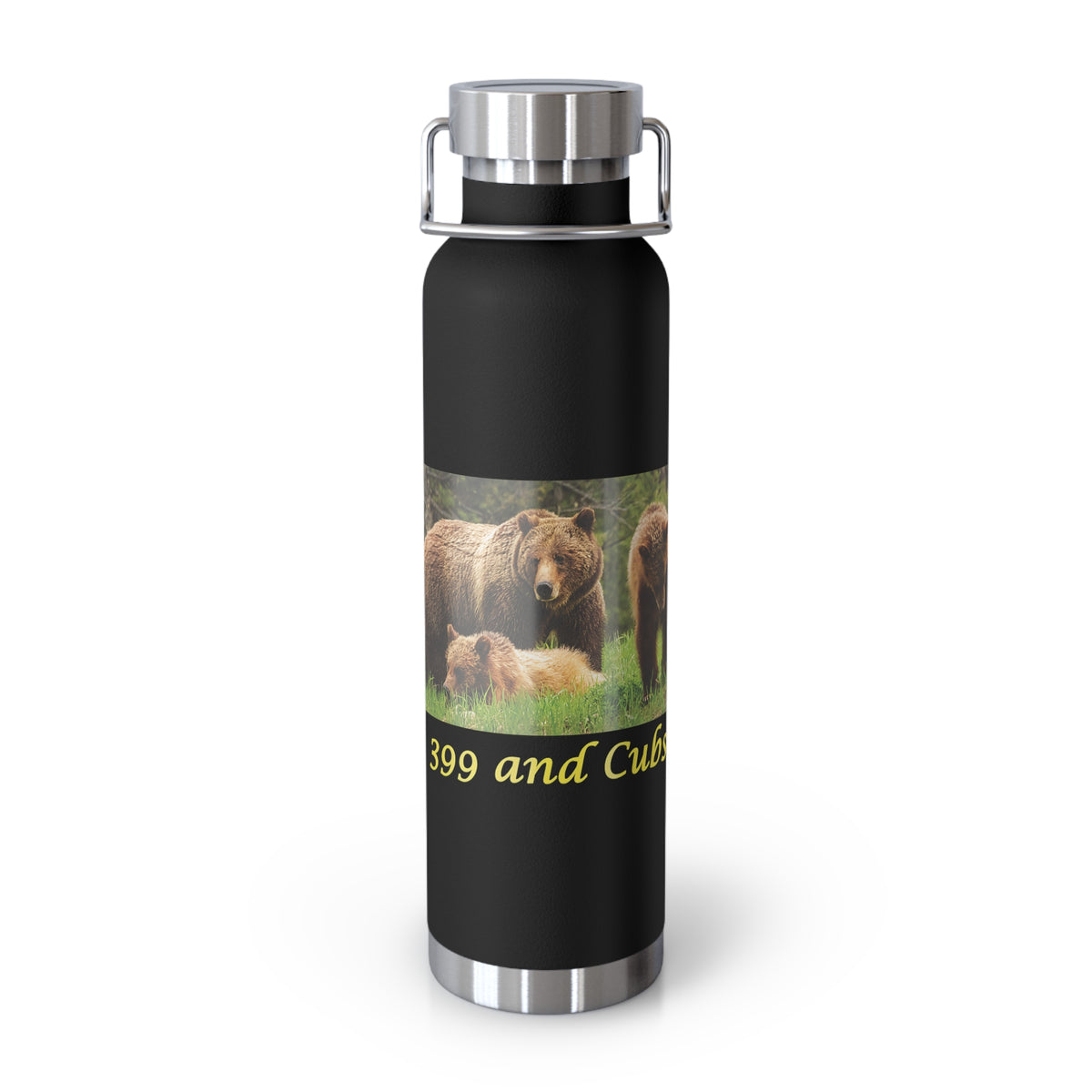 Grand Teton National Park souvenir water bottle featuring a bear family design with 399 and cubs and stainless steel construction.