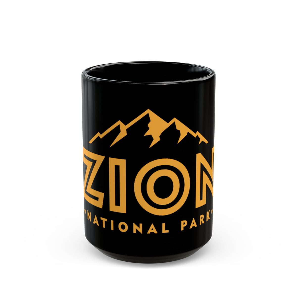 Black ceramic mug featuring a bold design of Zion National Park with stylized mountain graphics.