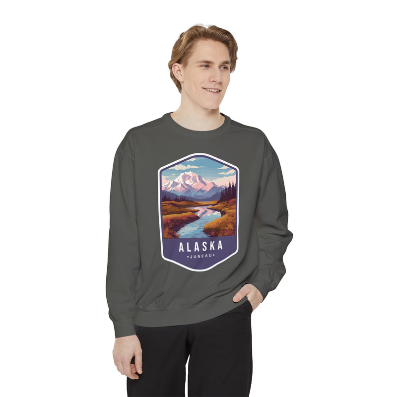 Cozy Alaska Juneau Sweatshirt - Scenic Mountain River Design - Unisex Garment-Dyed Cozy Fleece