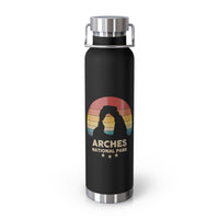 Image of a stainless steel water bottle featuring a design from Arches National Park.