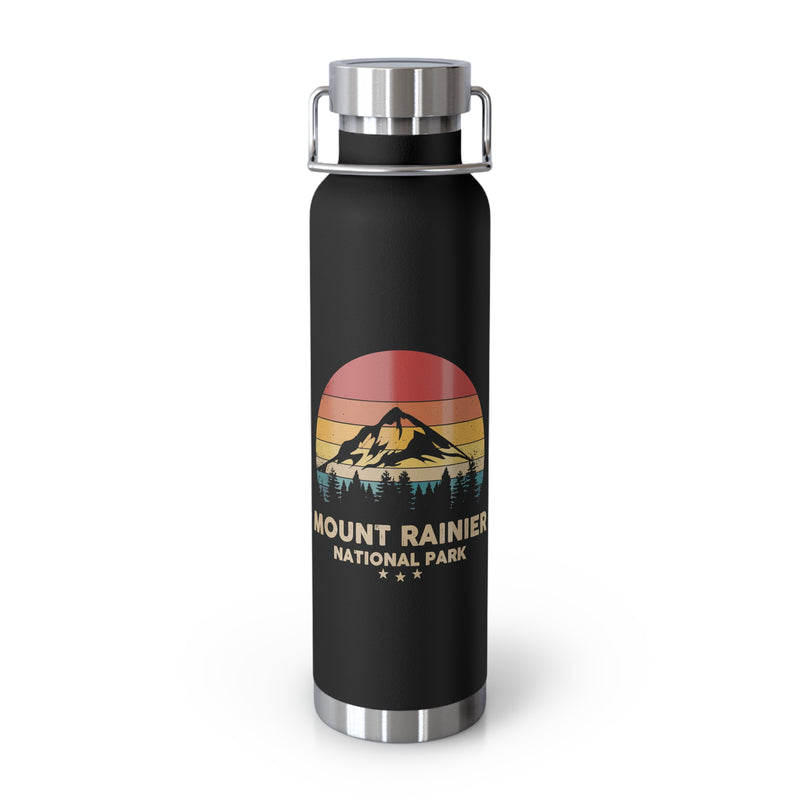 Mount Rainier National Park water bottle with a scenic mountain and sunset design.