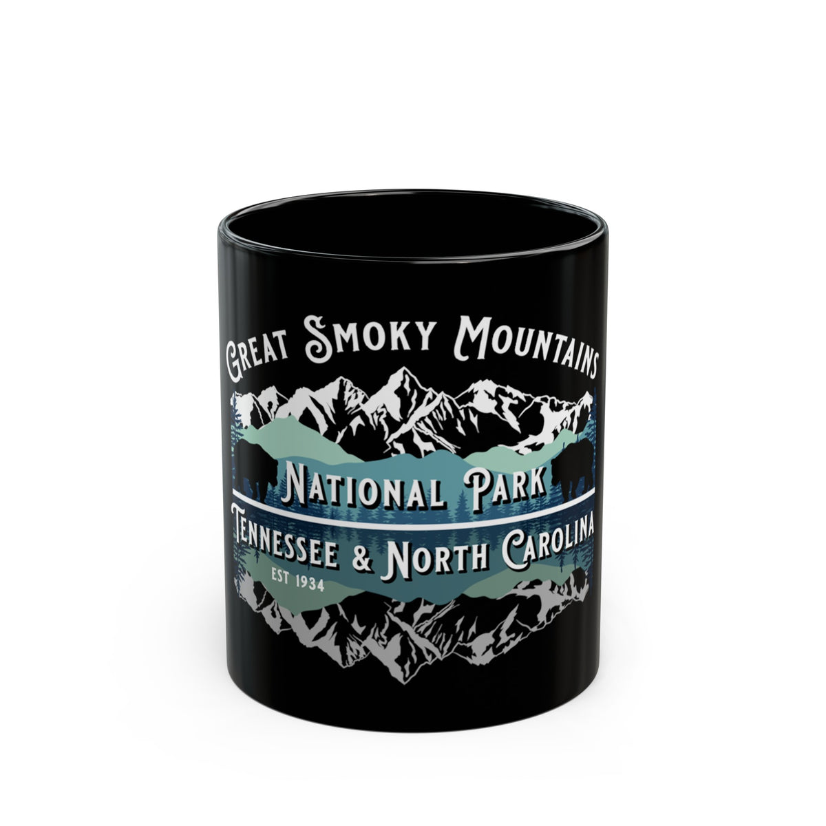 Ceramic mug featuring an illustration of Great Smoky Mountains National Park with mountain peaks and the text "Tennessee & North Carolina."