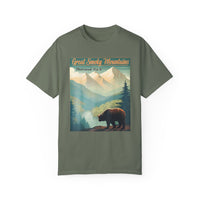 T-shirt featuring a bear with a mountain backdrop, labeled "Great Smoky Mountains National Park."