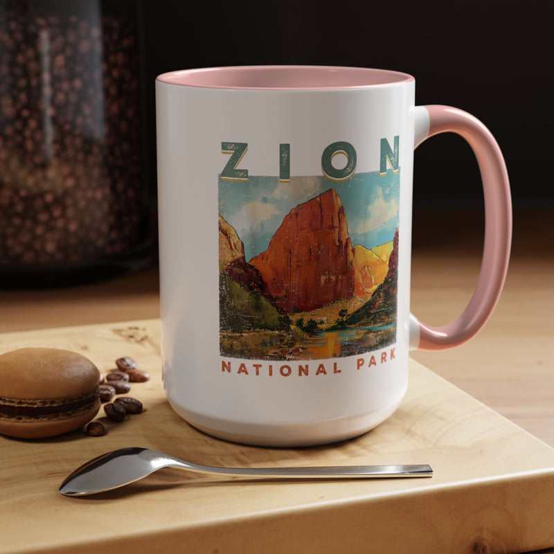 Ceramic mug featuring a scenic design of Zion National Park, ideal as a souvenir.