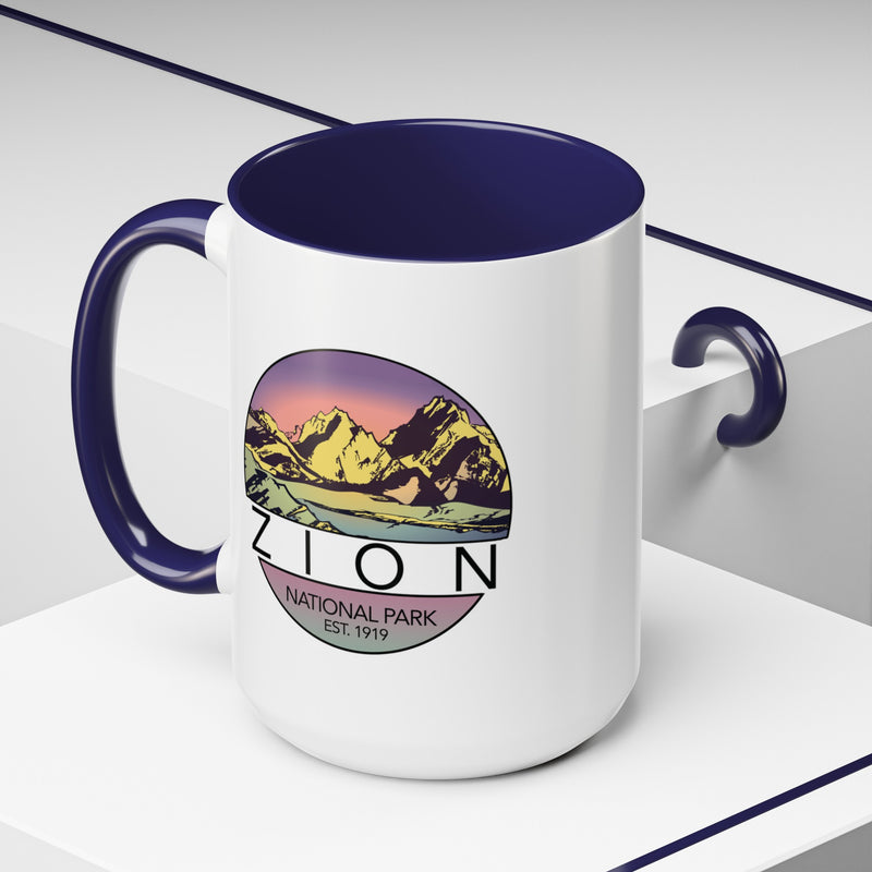 Ceramic mug featuring a mountain design of Zion National Park, perfect as a souvenir.