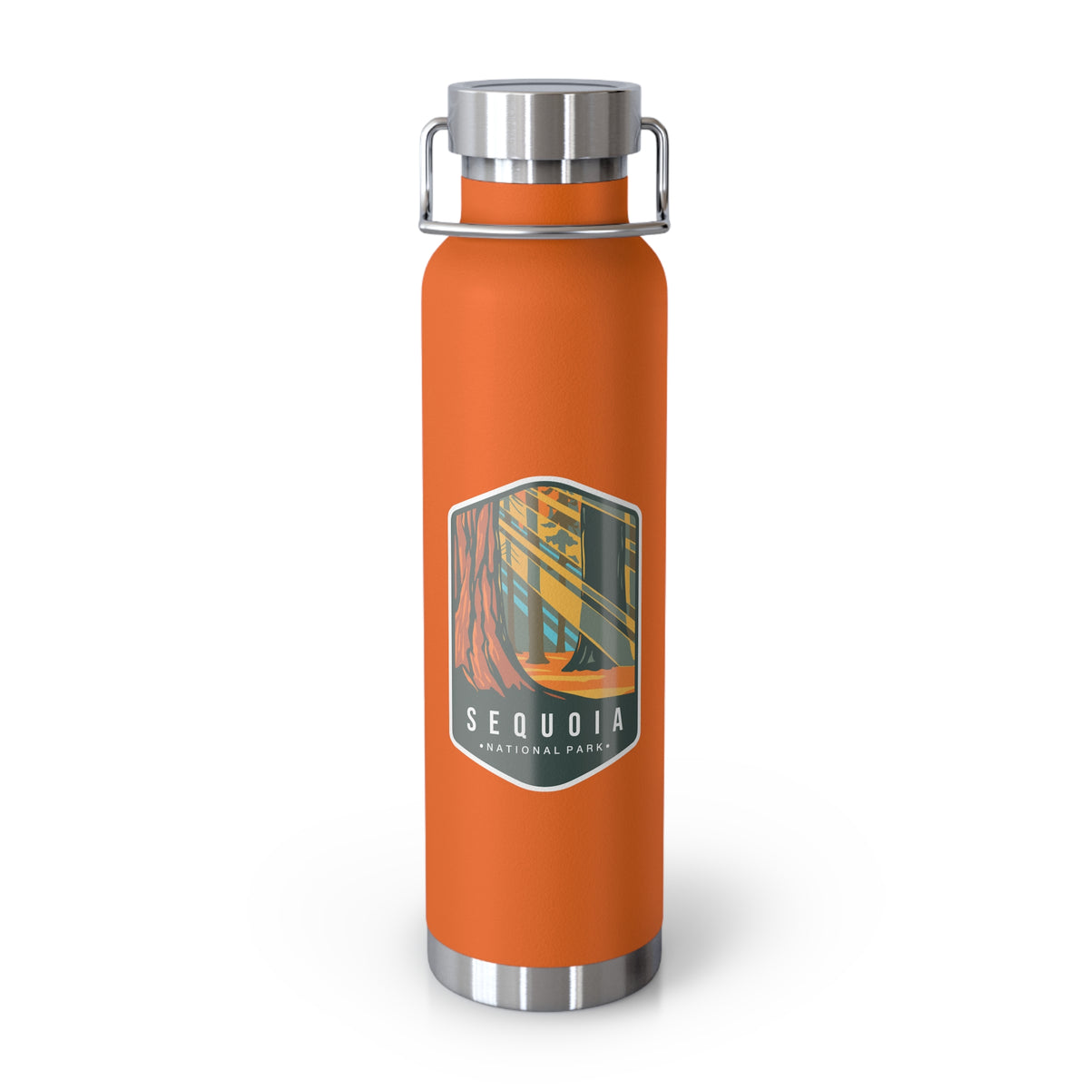 Orange stainless steel water bottle featuring a design of Sequoia National Park with tall sequoia trees.