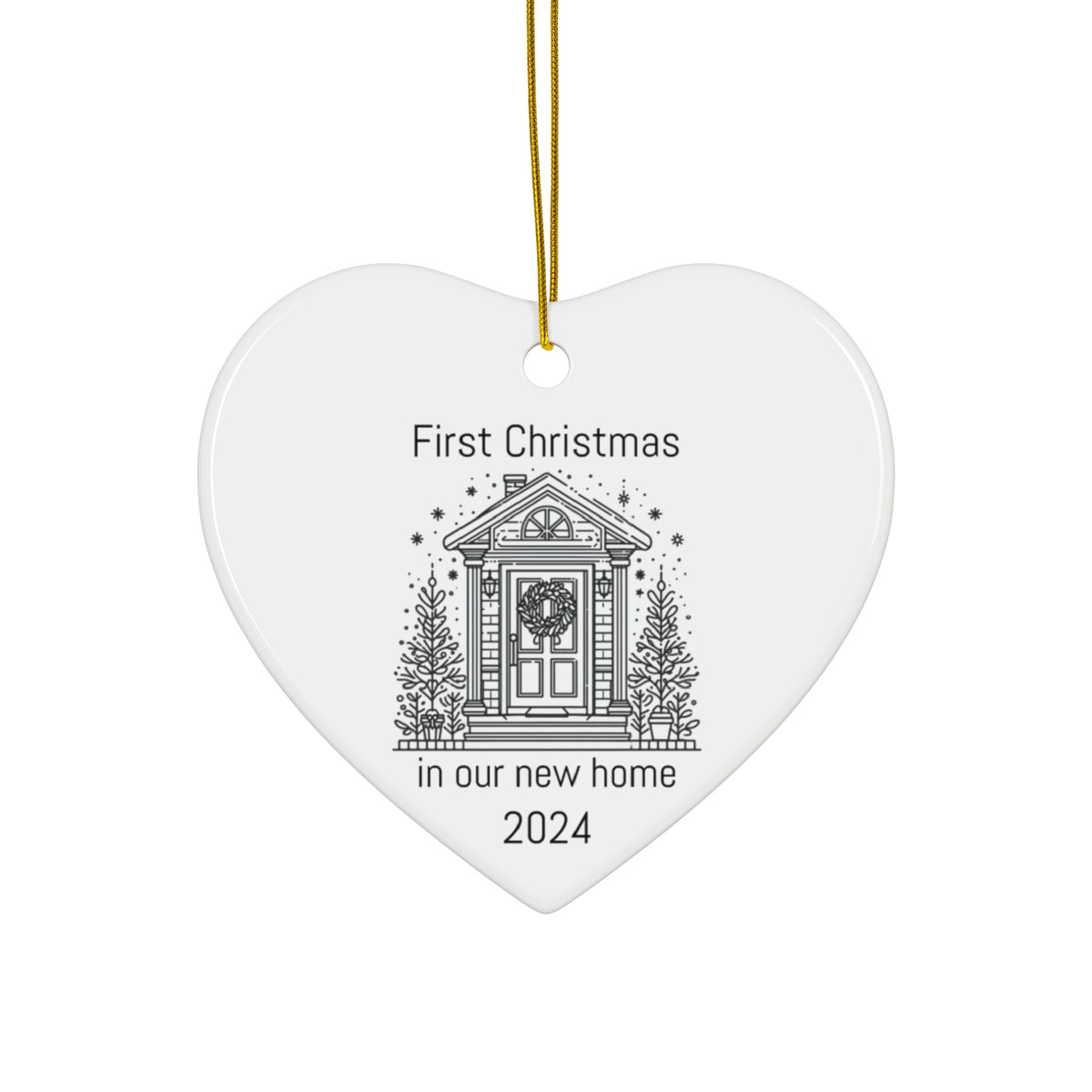 First Christmas in Our New Home 2024 Ceramic Ornament - Heart Shaped Keepsake with Gold String